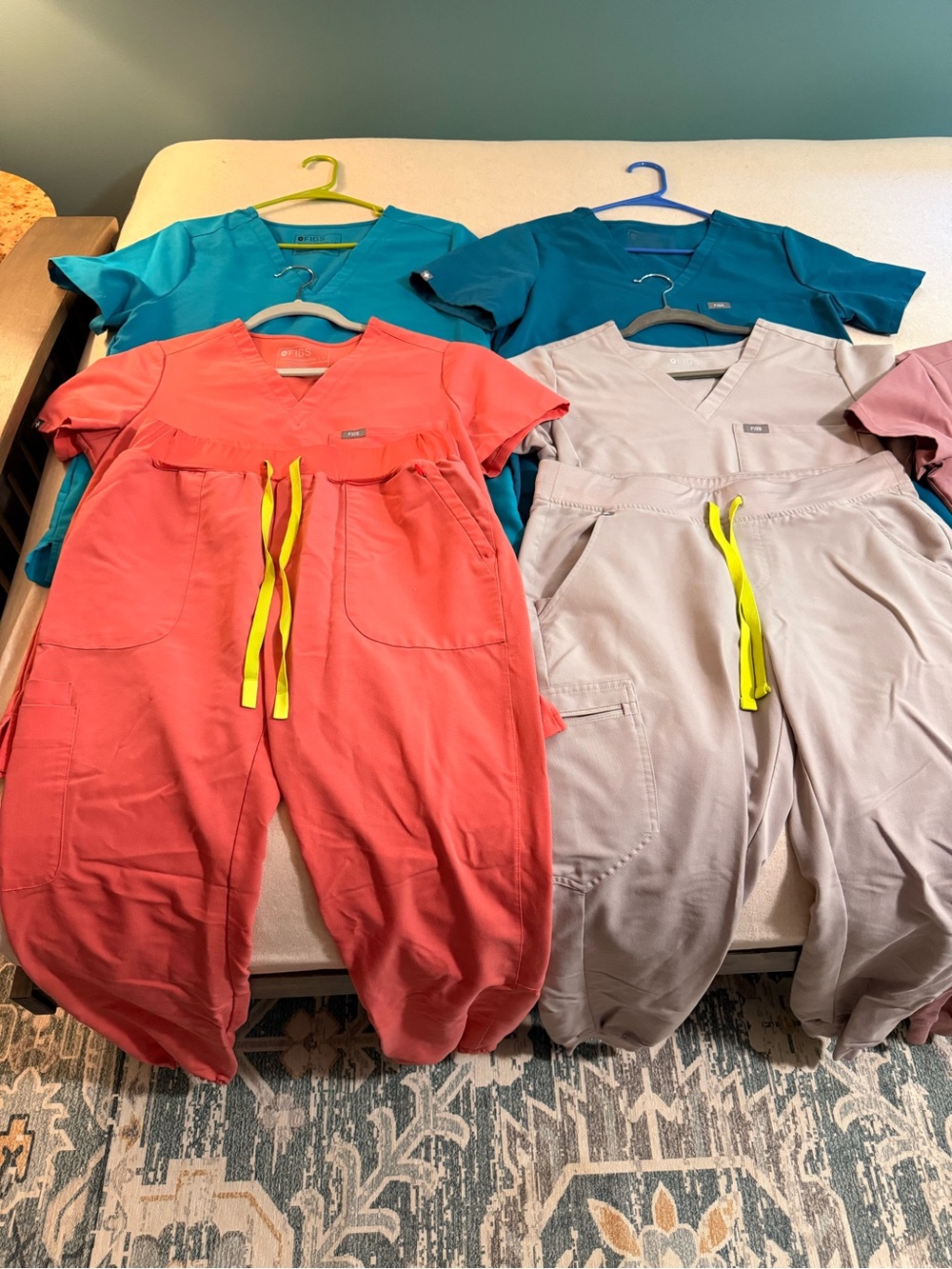 Figs Short Sleeve Scrub Tops & Pants Set - Teal, Coral, Mauve, Gray - Picture 2 of 9